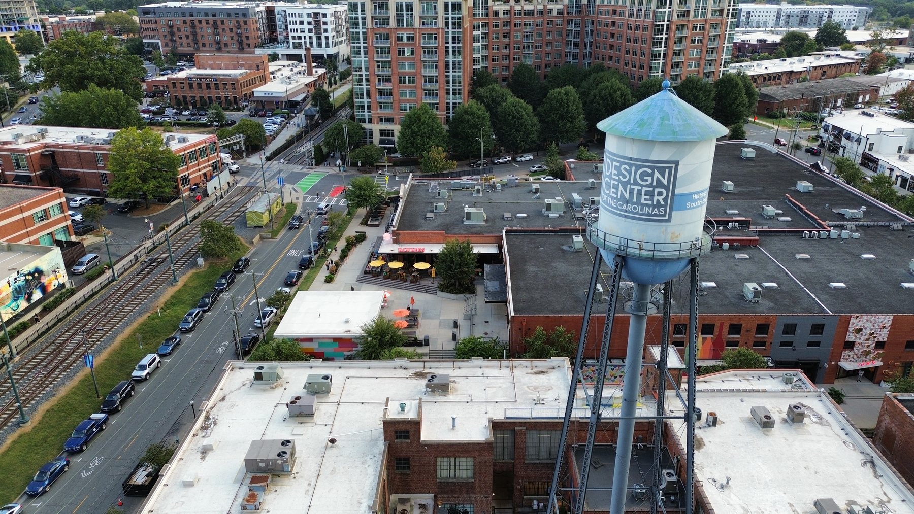 Aerial view of the Design Center of the Carolinas water tower over Historic South End, Charlotte