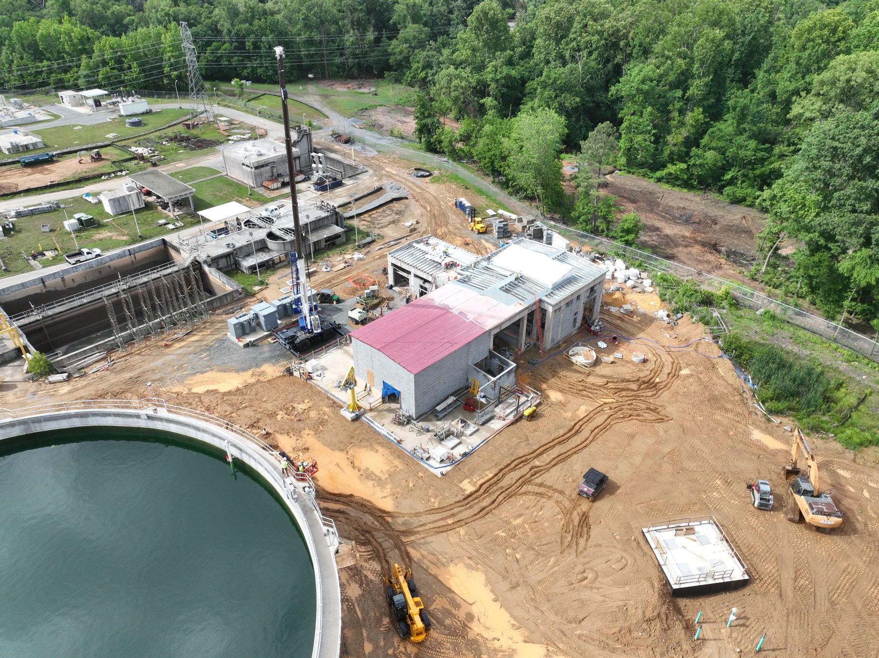 Aerial view of a water treatment facility under construction with site work in progress